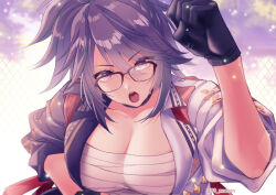 Rule 34 | 1girl, breasts, choker, glasses, gloves, hand on own hip, jacket, kson, large breasts, looking at viewer, mole, mole under eye, n gyou, open mouth, ponytail, purple eyes, purple hair, sarashi, sleeves rolled up, solo, souchou, upper body, virtual youtuber, vshojo