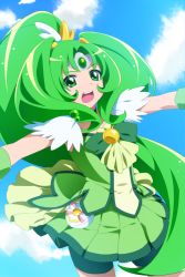 Rule 34 | 0417nao, 10s, 1girl, big hair, blue background, cure march, dress, green dress, green eyes, green hair, green shorts, green skirt, green theme, long hair, magical girl, matching hair/eyes, midorikawa nao, open mouth, outstretched arms, precure, shorts, shorts under skirt, skirt, smile precure!, solo, spread arms, tiara, tri tails