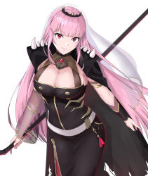 Rule 34 | 1girl, armlet, belt, black cape, black nails, breasts, cape, chantu irasu, cloak, closed mouth, gold trim, highres, holding, holding scythe, holding weapon, hololive, hololive english, large breasts, long hair, looking at viewer, mori calliope, mori calliope (1st costume), pink hair, red eyes, scythe, see-through, see-through sleeves, simple background, smile, solo, spikes, tiara, veil, very long hair, virtual youtuber, weapon, white background, white belt