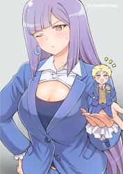 1boy 1girl absurdres arasa_ol_haman-sama blonde_hair blue_eyes blush breasts earrings formal_clothes frilled_sleeves frills glemy_toto gundam highres iwasaki_masakazu jacket jewelry long_hair long_sleeves necktie official_art open_mouth pants purple_eyes purple_hair roux_louka shirt short_hair skirt smile