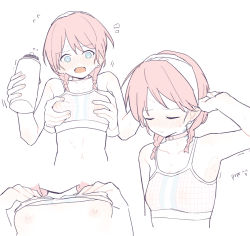 Rule 34 | 1girl, 1other, arknights, arm up, armpits, blue eyes, blue poison (arknights), blue poison (shoal beat) (arknights), blush, bottle, braid, grabbing another&#039;s breast, breasts, choker, closed mouth, clothes lift, coldcat., collarbone, commentary request, earrings, embarrassed, closed eyes, flying sweatdrops, grabbing, groping, headband, holding, holding bottle, jewelry, linea alba, long hair, multiple views, navel, nipples, notice lines, official alternate costume, open mouth, pink choker, pink hair, presenting armpit, shirt lift, simple background, small breasts, sports bra, sweat, twin braids, water bottle, white background, white headband