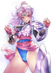 Rule 34 | 1girl, armor, blue leotard, breasts, clenched hands, dragon quest, dragon quest dai no daibouken, fingerless gloves, gloves, highres, large breasts, leotard, leotard under clothes, looking to the side, maam, matsuda (matsukichi), one eye closed, pink hair, solo