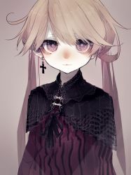 Rule 34 | 1girl, black ribbon, brown hair, capelet, cross, cross earrings, earrings, jewelry, long sleeves, looking at viewer, nose, original, purple eyes, ribbon, riuichi, simple background, solo, striped, twintails, upper body