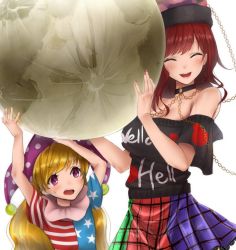 Rule 34 | 2girls, :d, ^ ^, akehi yuki, american flag dress, arms up, bare shoulders, black choker, black shirt, blonde hair, blue dress, blush, breasts, chain, choker, cleavage, closed eyes, clothes writing, clownpiece, commentary request, cowboy shot, dress, facing viewer, green skirt, hat, hecatia lapislazuli, holding, jester cap, large breasts, long hair, moon (ornament), multicolored clothes, multicolored skirt, multiple girls, nail polish, neck ruff, off-shoulder shirt, off shoulder, open mouth, plaid, plaid skirt, polka dot, polka dot headwear, purple eyes, purple hat, purple skirt, red dress, red hair, red nails, red skirt, shirt, short sleeves, simple background, skirt, smile, standing, star (symbol), star print, striped clothes, striped dress, sweat, swept bangs, t-shirt, touhou, upper body, white background, white dress