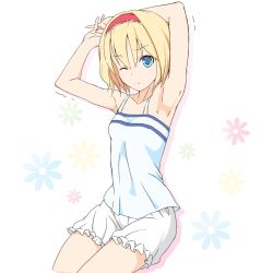 Rule 34 | 1girl, ;(, alice margatroid, arm up, armpits, bare arms, bare shoulders, blonde hair, bloomers, blue eyes, blush, collarbone, cowboy shot, eyebrows, floral background, frills, hairband, motion lines, shirt, short hair, shorts, simple background, sleeveless, sleeveless shirt, solo, soukun s, stretching, touhou, trembling, underwear, white background, white shirt, white shorts