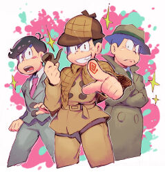 Rule 34 | 3boys, black hair, brothers, coat, deerstalker, detective, fingerprint, formal, grey suit, grin, hat, highres, looking at viewer, male focus, matsuno choromatsu, matsuno osomatsu, matsuno todomatsu, multiple boys, official alternate costume, osomatsu-san, osomatsu (series), plaid capelet, pointing, pointing at viewer, sanjiro (tenshin anman), shaded face, siblings, smile, suit, trench coat