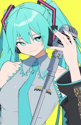Rule 34 | 1girl, aqua eyes, aqua hair, aqua nails, aqua necktie, bare shoulders, black sleeves, breasts, closed mouth, collarbone, collared shirt, commentary, detached sleeves, elbow sleeve, fingernails, grey shirt, hair between eyes, hair ornament, hand up, hatsune miku, headset, highres, holding, holding microphone, long hair, looking at viewer, medium breasts, microphone, nail polish, necktie, shimizu tomoki, shirt, simple background, sleeveless, sleeveless shirt, smile, solo, twintails, upper body, vintage microphone, vocaloid, yellow background
