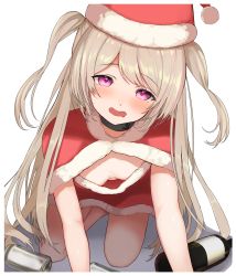 Rule 34 | 1girl, alcohol, all fours, blush, breasts, brown hair, buket pudding i, character request, collar, downblouse, drooling, drunk, hat, head tilt, highres, long hair, looking at viewer, multicolored hair, no bra, open mouth, pink eyes, pink hair, santa costume, santa hat, shadow, small breasts, smile, solo, twintails, virtual youtuber