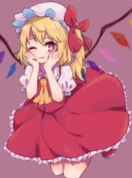 Rule 34 | 1girl, ;), ascot, bow, closed mouth, collared shirt, flandre scarlet, frilled shirt collar, frilled skirt, frills, hair between eyes, hands on own cheeks, hands on own face, happy, hat, hat bow, light smile, looking at viewer, mao hinata, mob cap, multicolored wings, one eye closed, one side up, pink background, puffy short sleeves, puffy sleeves, red bow, red footwear, red skirt, red vest, shirt, short sleeves, simple background, skirt, skirt set, smile, solo, touhou, vest, white hat, white shirt, wings, yellow ascot