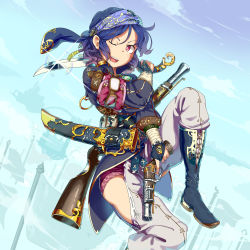 Rule 34 | 1girl, antique firearm, armband, bandana, belt, belt pouch, blue hair, boots, bridal gauntlets, clothing cutout, cloud, eyebrows, firearm, flag, goggles, gun, handgun, hat, highres, holding, holding gun, holding weapon, jacket, leg up, mn3ga, one eye closed, open mouth, original, pants, pink eyes, pouch, puffy sleeves, rifle, scimitar, side cutout, sky, solo, sword, trigger discipline, unsheathed, weapon, weapon on back