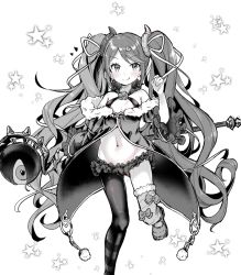 Rule 34 | 1girl, :p, asymmetrical clothes, blush, breasts, flower, greyscale, groin, hair ornament, hairclip, leg up, long hair, looking at viewer, misaki (princess connect!), monochrome, navel, princess connect!, princess connect!, small breasts, solo, staff, star (symbol), starry background, tongue, tongue out, twintails, yazawa oke
