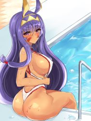 Rule 34 | 1girl, animal ears, ass, backless swimsuit, breasts, clothes pull, covered erect nipples, curvy, dark-skinned female, dark skin, error dot, facial mark, fate (series), female focus, flashing, from behind, hair between eyes, hair ornament, hairband, highleg, highleg swimsuit, highres, large breasts, long hair, looking at viewer, looking back, nitocris (fate), nitocris (fate/grand order), nitocris (swimsuit assassin) (fate), nitocris (swimsuit assassin) (second ascension) (fate), one-piece swimsuit, one-piece swimsuit pull, pool, purple eyes, purple hair, sideboob, sitting, solo, star-shaped pupils, star (symbol), swimsuit, symbol-shaped pupils, tattoo, very long hair, water, wet