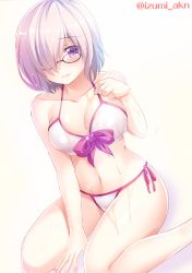 Rule 34 | 1girl, adapted costume, bikini, blush, breasts, closed mouth, fate/grand order, fate (series), glasses, hair over one eye, izumi akane, kneeling, large breasts, lips, looking at viewer, mash kyrielight, mash kyrielight (swimsuit of perpetual summer), navel, official alternate costume, panties, pink hair, purple eyes, short hair, side-tie bikini bottom, side-tie panties, simple background, solo, strap pull, swimsuit, twitter username, underwear, white background, white bikini