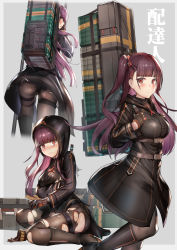 Rule 34 | 1girl, ass, backpack, bag, black footwear, black gloves, black jacket, black pantyhose, black skirt, blush, boots, breasts, climbing, death stranding, food, girls&#039; frontline, gloves, hair ribbon, himonoata, holding, hood, hood down, hood up, hooded jacket, ice cream, jacket, knee boots, ladder, large breasts, long hair, long sleeves, looking at viewer, multiple straps, multiple views, one side up, pantyhose, parody, purple hair, red eyes, ribbon, sitting, skirt, spill, thighband pantyhose, torn clothes, very long hair, wa2000 (girls&#039; frontline), wariza