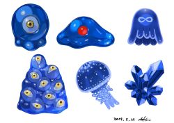 Rule 34 | ao fujimori, crystal, dated, extra eyes, jellyfish, monster, no humans, original, red eyes, signature, simple background, single eye, slime (creature), transparent, white background, yellow eyes