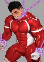 Rule 34 | 1boy, bara, blush, bodysuit, bulge, chain, chained, cowboy shot, cuffs, defeat, energy, erection, erection under clothes, frown, handcuffs, highres, kansuke (kansuke 717), large pectorals, looking at viewer, male focus, muscular, muscular male, original, pectorals, red bodysuit, short hair, solo, standing, superhero costume, thick eyebrows, thick thighs, thighs
