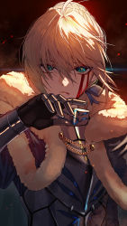 Rule 34 | 1girl, ahoge, armor, armored dress, artoria pendragon (all), artoria pendragon (fate), blonde hair, blood, blood on face, closed mouth, coat, fate/grand order, fate/stay night, fate (series), fur collar, gauntlets, green eyes, hair between eyes, highres, looking at viewer, march ab, saber (fate)