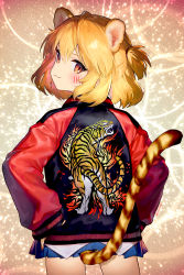 Rule 34 | 1girl, :3, ainy, animal ears, animal print, black jacket, blonde hair, blue skirt, blush, brown background, brown eyes, commentary request, cowboy shot, facial mark, from behind, hair between eyes, hands on own hips, head tilt, highres, jacket, light particles, long sleeves, looking at viewer, looking back, miniskirt, nail polish, one side up, original, raglan sleeves, red nails, short hair, skirt, smile, solo, standing, tail, tiger ears, tiger print, tiger tail, whisker markings