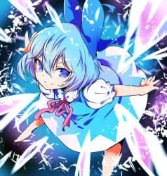 Rule 34 | 1girl, absurdres, barefoot, blouse, blue bow, blue dress, blue eyes, blue hair, bow, cirno, closed mouth, detached wings, dress, fairy, hair between eyes, hair bow, highres, ice, ice wings, ichizen (o tori), one-hour drawing challenge, puffy short sleeves, puffy sleeves, shirt, short hair, short sleeves, smile, solo, touhou, white shirt, wings