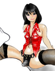 Rule 34 | 1girl, anal, arm support, bare shoulders, black eyes, black hair, black thighhighs, corset, dildo, femdom, fishnet thighhighs, fishnets, gankisuki, gradient background, highres, lips, looking at viewer, male penetrated, navel, pegging, sex toy, simple background, sleeveless, smile, spread legs, strap-on, sweat, thighhighs