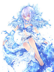 Rule 34 | 1girl, alternate costume, barefoot, belt, black belt, blue bra, blue dress, blue sleeves, blush, bra, breasts, clover hair ornament, commentary request, detached sleeves, dress, fish, full body, hair between eyes, hair ornament, highres, ice, jewelry, long hair, looking to the side, lunaraven, medium breasts, navel, necklace, open mouth, purple eyes, ragnarok online, simple background, solo, sorcerer (ragnarok online), underwear, water, white background, white hair