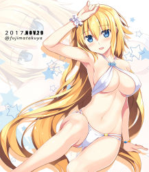 Rule 34 | 1girl, alternate hairstyle, bikini, blonde hair, blue eyes, blush, breasts, commentary request, dated, fate/apocrypha, fate/grand order, fate (series), fujima takuya, gluteal fold, halterneck, jeanne d&#039;arc (fate), jeanne d&#039;arc (ruler) (fate), large breasts, long hair, looking at viewer, multi-strapped bikini, navel, open mouth, scrunchie, shiny skin, sitting, smile, solo, star (symbol), swimsuit, twitter username, underboob, very long hair, white bikini, wrist scrunchie, zoom layer