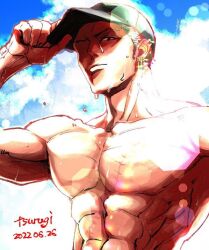 Rule 34 | 1boy, abs, baseball cap, dated, green hair, hat, large pectorals, long sideburns, looking at viewer, male focus, muscular, muscular male, no nipples, nude, one piece, pectorals, roronoa zoro, short hair, sideburns, solo, sunlight, sweat, trg rak, upper body, very sweaty