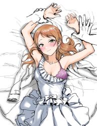 Rule 34 | 1boy, 1girl, armpits, arms up, asteria (driftingprhp), bare shoulders, bed sheet, blush, bra, bra peek, breasts, brown hair, cleavage, closed mouth, collarbone, dress, earrings, frilled dress, frills, highres, hojo karen, holding another&#039;s arm, idolmaster, idolmaster cinderella girls, jacket, jewelry, lace, lace-trimmed bra, lace trim, looking at viewer, lying, medium breasts, necklace, on back, partially colored, pleated skirt, pov, purple bra, ribbon trim, sash, sketch, skirt, smile, sweat, sweatdrop, taut clothes, taut dress, underwear, white dress