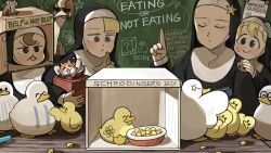 Rule 34 | 4girls, ^ ^, bird, blonde hair, blue eyes, body writing, book, bowl, box, brown eyes, brown hair, cardboard box, cat, chalkboard, chicken, chocolate chip cookie, closed eyes, clumsy nun (diva), cookie, corn, diva (hyxpk), duck, duckling, eating, food, frog, froggy nun (diva), glasses, habit, highres, little nuns (diva), multiple girls, note, nun, ostrich, spicy nun (diva), star nun (diva), star ornament, traditional nun, wooden box, yellow eyes