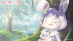 Rule 34 | against tree, animal costume, aqua ribbon, aqua shirt, blurry, blurry background, cat, closed eyes, commentary, copyright name, dappled sunlight, day, english commentary, grass, highres, lake, lying, momo (miracle nikki), monocle, official art, official wallpaper, on back, rabbit costume, ribbon, saliva, shining nikki, shirt, sky, sleeping, sunlight, tree, tree shade, under tree, white cat