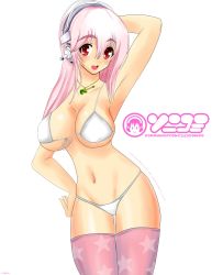 Rule 34 | 1girl, :d, armpits, bikini, blush, bra, breasts, highres, ihsnet, jewelry, large breasts, navel, necklace, nipples, nitroplus, nude, open mouth, pink hair, pink thighhighs, red eyes, self-upload, simple background, smile, solo, star (symbol), star print, super sonico, swimsuit, thighhighs, underwear, white background