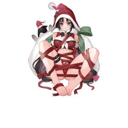 Rule 34 | 1girl, arms behind back, bag, bare legs, bare shoulders, barefoot, bell, bikini, bird, black bow, black bowtie, black hair, blush, bow, bow panties, bowtie, bra, breasts, christmas, cleavage, cx4 storm (girls&#039; frontline), cx4 storm (poolside xmas encounter) (girls&#039; frontline), feet, full body, fur-trimmed bra, fur-trimmed hood, fur trim, girls&#039; frontline, haijin, hair between eyes, hair bow, hat, hood, legs, long hair, looking at viewer, low twintails, medium breasts, neck bell, official alternate costume, official art, on floor, open mouth, panties, penguin, red bikini, red bow, red bra, red eyes, red hat, red hood, red panties, red ribbon, ribbon, santa bikini, santa bra, santa hat, santa panties, simple background, sitting, solo, swimsuit, thighs, toes, transparent background, twintails, underwear
