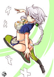 Rule 34 | 10s, 1girl, ass, black panties, braid, braided ponytail, chize, cloud print, crop top, from behind, green thighhighs, hair ornament, jitome, kantai collection, light smile, long hair, looking at viewer, midriff, panties, short sleeves, silver hair, single braid, solo, thighhighs, underwear, unryuu (kancolle), very long hair, yellow eyes, zettai ryouiki