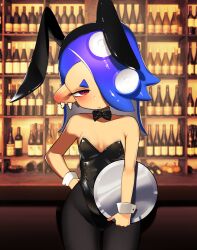 Rule 34 | 1girl, absurdres, alcohol, alternate costume, animal ears, bar (place), bare shoulders, black bow, black bowtie, black leotard, black pantyhose, blue hair, bow, bowtie, breasts, closed mouth, collar, detached collar, earrings, fake animal ears, hair over one eye, hand on own hip, highres, holding, holding tray, leotard, long hair, nintendo, octoling, pantyhose, playboy bunny, ppuna, rabbit ears, red eyes, shiver (splatoon), small breasts, solo, splatoon (series), splatoon 3, strapless, strapless leotard, tentacle hair, tooth earrings, tray, white collar, white wrist cuffs, wrist cuffs