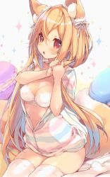 Rule 34 | 1girl, animal ear fluff, animal ears, blonde hair, blush, bra, breasts, cleavage, fox ears, fox tail, hair between eyes, hair ornament, hair over shoulder, highres, long hair, medium breasts, open clothes, open mouth, open shirt, original, p19, red eyes, shirt, sitting, solo, tail, thighhighs, underwear, virtual youtuber, white bra, white thighhighs, zipper