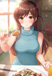 Rule 34 | 1girl, :t, absurdres, bare arms, bare shoulders, blush, breasts, brown eyes, brown hair, cake, closed mouth, collarbone, commentary request, earrings, eating, feeding, food, fork, glass, highres, holding, holding fork, incoming food, indoors, jewelry, kanojo okarishimasu, knife, large breasts, long hair, looking at viewer, mizuhara chizuru, one side up, plate, pout, pov across table, restaurant, sitting, sleeveless, sleeveless turtleneck, solo, sweater, table, triangle earrings, turtleneck, window, wooden floor, yukiunag1