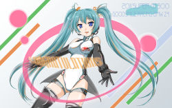 Rule 34 | 1girl, aqua hair, black gloves, blue eyes, boots, choker, congratulations, crotch seam, elbow gloves, english text, gloves, hatsune miku, headset, highres, leotard, looking at viewer, open mouth, smile, solo, standing, thigh boots, thigh strap, thighhighs, twintails, vocaloid, wan&#039;yan aguda