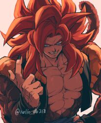 Rule 34 | 1boy, absurdres, artist name, beckoning, black nails, black vest, black wristband, blue eyes, blue sash, body fur, brown fur, come at me bro, dragon ball, dragon ball gt, fangs, fingernails, gogeta, grin, hand on own hip, highres, long hair, looking at viewer, male focus, metamoran vest, monkey tail, open clothes, open vest, pectorals, pink background, red hair, relio db318, sash, simple background, smile, solo, spiked hair, super saiyan, super saiyan 4, tail, teeth, twitter username, upper body, v-shaped eyebrows, vest, wristband