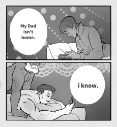 Rule 34 | 2koma, 3boys, anal, beard, comic, completely nude, english text, facial hair, goatee, golden kamuy, greyscale, highres, holding, holding phone, koito heiji, koito otonoshin, lying, male focus, male penetrated, mature male, meme, monochrome, msf (felsmlll), multiple boys, mustache, my dad isn&#039;t home (meme), nude, old, old man, on bed, on stomach, out-of-frame censoring, phone, prone bone, sex, sex from behind, short hair, smile, text messaging, toned, toned male, tsurumi tokushirou, yaoi