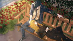 Rule 34 | 094px, absurdres, bench, blonde hair, coat, couple, curly hair, flower, green hair, highres, julia (cowboy bebop), outdoors, park bench, rose, spike spiegel, trench coat