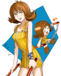 Rule 34 | 1girl, blue background, blue bracelet, boots, bracelet, brown footwear, brown hair, chain, chibi, chibi inset, closed eyes, dress, final fantasy, final fantasy viii, green eyes, happy, highres, holding, holding nunchaku, holding weapon, jewelry, musical note, nishinsobha, nunchaku, open mouth, overalls, selphie tilmitt, short dress, short hair, simple background, sleeveless, sleeveless dress, smile, spoken musical note, standing, translated, weapon, yellow dress, yellow overalls