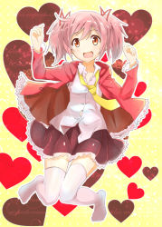 Rule 34 | 1girl, :d, alternate costume, blazer, casual, french text, hair ribbon, hands up, heart, jacket, kaname madoka, looking at viewer, mahou shoujo madoka magica, mahou shoujo madoka magica (anime), miniskirt, necktie, open mouth, pink eyes, pink hair, ribbon, school uniform, shirt, short hair, short twintails, skirt, smile, solo, thighhighs, tooo88, twintails