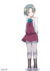 Rule 34 | 1girl, absurdres, aqua bow, aqua bowtie, arms behind back, boots, bow, bowtie, collared shirt, cross-laced footwear, dress, dress shirt, forehead, full body, grey hair, grey pantyhose, halter dress, halterneck, highres, kantai collection, lace-up boots, one-hour drawing challenge, pantyhose, purple dress, robinson (day l full), school uniform, shirt, short hair, simple background, smile, solo, swept bangs, tamanami (kancolle), white background, white shirt, yellow eyes
