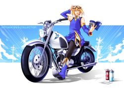 Rule 34 | 1boy, arc system works, bare shoulders, black pantyhose, blazblue, blazblue: calamity trigger, blonde hair, blue eyes, blue footwear, boots, crossdressing, detached sleeves, dress, goggles, goggles on head, kisaragi jin, licking lips, male focus, map, motor vehicle, motorcycle, pantyhose, sayo wini, short hair, solo, tongue, tongue out, vehicle