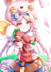 Rule 34 | 1girl, absurdres, animal ears, animal hat, blush, braid, brown eyes, button eyes, buttons, closed mouth, eyes visible through hair, fake animal ears, flower, fur trim, gloves, grass, hair flower, hair ornament, hairband, hands up, hat, highres, holding, long hair, looking at viewer, mimi (princess connect!), mittens, pink footwear, pink hair, princess connect!, rabbit, rabbit ears, rabbit hair ornament, rabbit hat, red gloves, red mittens, sitting, solo, takemura kou, twin braids, twintails, upturned eyes, wariza, white flower, x x