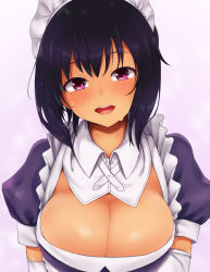 Rule 34 | 1girl, blush, breasts, cleavage, commentary request, dark-skinned female, dark skin, elbow gloves, frills, gloves, head tilt, large breasts, lilith (saikin yatotta maid ga ayashii), looking at viewer, maa (maa1), maid, maid headdress, mole, mole on breast, mole under eye, open mouth, pink eyes, puffy short sleeves, puffy sleeves, purple background, purple hair, saikin yatotta maid ga ayashii, shiny clothes, shiny skin, short sleeves, sidelocks, solo, teeth, upper body, upper teeth only, white gloves