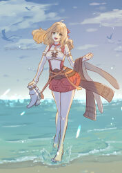 Rule 34 | 1girl, beach, bird, blonde hair, collarbone, detached sleeves, fiora (xenoblade), full body, green eyes, hair ribbon, highres, long hair, looking at viewer, miniskirt, open mouth, ribbon, sand, skirt, smile, solo, thighhighs, water, xenoblade chronicles (series), xenoblade chronicles 1, yanagimachi