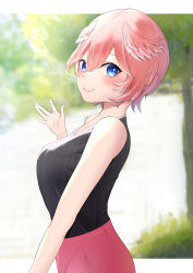 Rule 34 | 1girl, absurdres, bare arms, bare shoulders, black shirt, blue eyes, breasts, casual, closed mouth, collarbone, from side, hair between eyes, head wings, highres, hololive, large breasts, lipgloss, looking at viewer, mikumineko, nape, outdoors, outside border, pink hair, pink skirt, ribbed shirt, shirt, short hair, skirt, sleeveless, sleeveless shirt, smile, solo, takane lui, upper body, v-neck, virtual youtuber, waving, wings