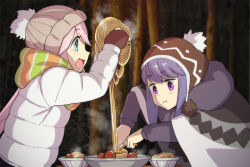 Rule 34 | 10s, 2girls, :d, beanie, blue eyes, blush, bowl, brown gloves, castle of cagliostro, closed mouth, coat, commentary request, fingerless gloves, food, from side, gloves, hair ornament, hairclip, hat, holding, holding food, kagamihara nadeshiko, long sleeves, lupin iii, meatball, multiple girls, night, open mouth, outdoors, parody, pasta, pink eyes, pink hair, purple hair, scarf, shima rin, sideways mouth, smile, spaghetti, steam, striped clothes, striped scarf, tree, ueyama michirou, white coat, yurucamp