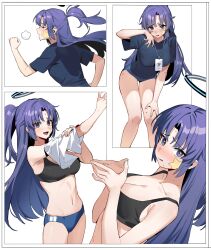 Rule 34 | 1girl, absurdres, bent over, black bra, blue archive, blue eyes, blue hair, blue shirt, blue track suit, blush, bra, breasts, cleavage, closed eyes, collage, cropped legs, cropped torso, embarrassed, fake halo, halo, highres, id card, kyo (krokikyon), large breasts, light frown, long hair, looking at viewer, ponytail, running, shirt, star sticker, sticker on face, underwear, wiping, yuuka (blue archive), yuuka (track) (blue archive)